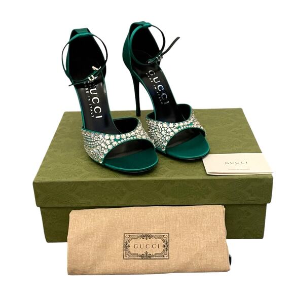 GUCCI Women's Satin High Heel Sandals with Crystals Size 37.5 US 7.5 Green New - Picture 4 of 16